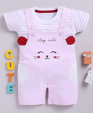 TOONYPORT Cotton Half Sleeves Stay Cute Printed Dungaree Set - Pink