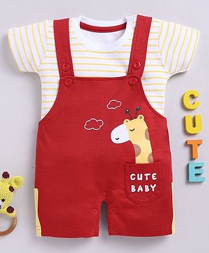 TOONYPORT Cotton Half Sleeves Cute Baby & Giraffe Printed Dungaree Set - Red