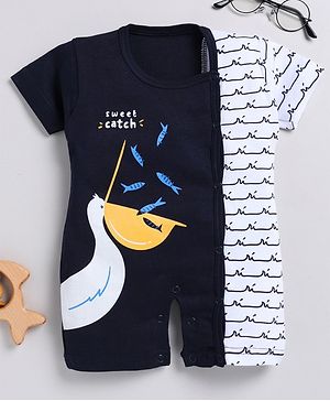 TOONYPORT Cotton Half Sleeves Bird and Fishes Printed Romper - Navy Blue