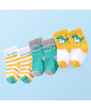 Cute Walk by Babyhug Anti-bacterial Ankle Length Striped & Dino Design Socks Pack of 3 - Yellow Green & White