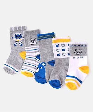 Cutewalk By Babyhug Anti Bacterial Ankle Length Striped & Teddy Bear Design Socks Pack of 5 - Grey & White