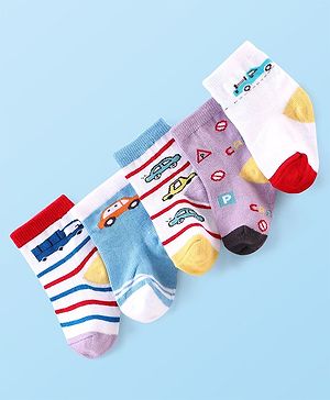 Cute Walk by Babyhug Anti-bacterial Ankle Length Striped & Vehicle Designed Socks Pack of 5 - Multicolor