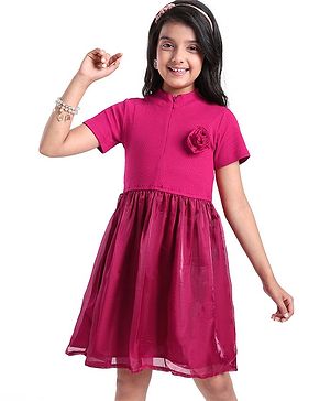 Pine Kids Cotton Half Sleeves Rib and Organza Frock with Zipper Opening and Rose Corsage - Maroon