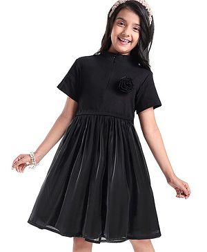 Pine Kids Cotton Half Sleeves Rib and Organza Frock with Zipper Opening and Rose Corsage - Black