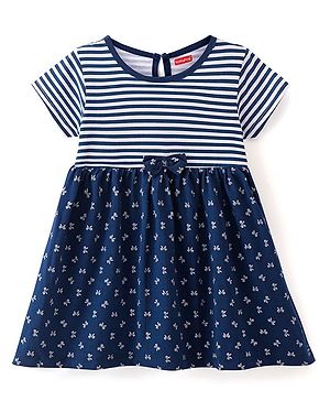 Babyhug Cotton Knit Half Sleeves Fit & Flare Frock With Bow Print & Applique- Navy Blue