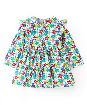 Babyhug Cotton Knit Three Fourth Sleeves Fit and Flare Frock With Floral Print- Multicolor