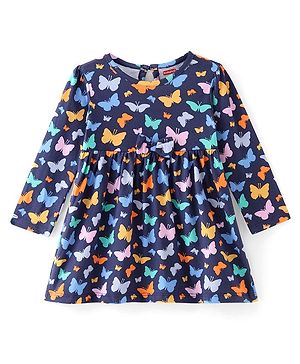 Babyhug Cotton Knit Full Sleeves Fit and Flare Frock Butterfly Print - Navy Blue