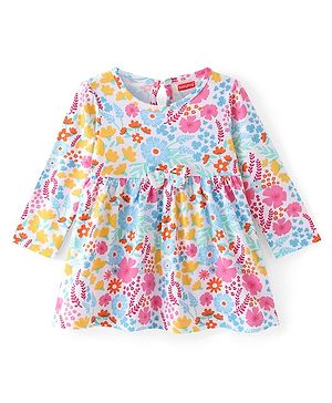Babyhug Cotton Knit Full Sleeves Fit and Flare Frock Floral Print - White