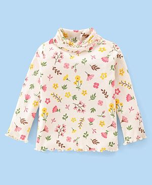 Babyhug Cotton Knit Full Sleeves Turtle Neck Top Floral Print- Off White