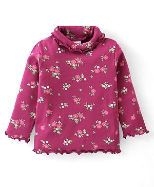Babyhug Cotton Knit Full Sleeves Skivi Top With Floral Print - Wine