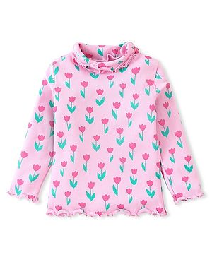 Babyhug Cotton Knit  Full Sleeves  Skivi Top with Lettuce Hem Detailing & Floral Print - Pink
