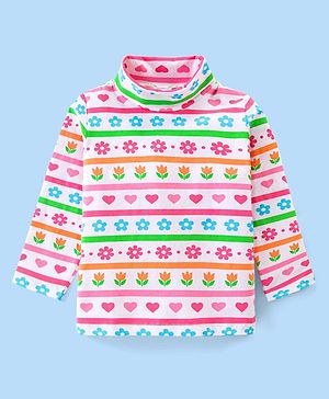 Babyhug Cotton Knit Full Sleeves Turtle Neck T-Shirt Floral Print- Multicolour