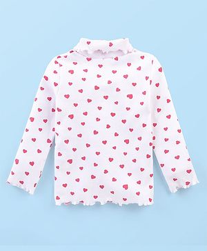 Babyhug Cotton Knit Full Sleeves Turtle Neck Skivi Top Hearts Print- White