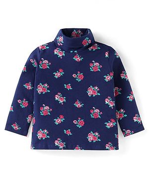 Babyhug Cotton Knit Full Sleeves Floral Printed Skivi T-Shirt - Navy Blue