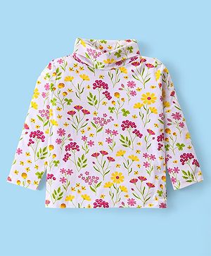 Babyhug Cotton Knit Full Sleeves Turtle Neck T-Shirt with Floral Print - White