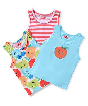 Babyhug 100% Cotton Knit Sleeveless Sandos with Striped & Fruits Print Pack of 3 - Multicolour