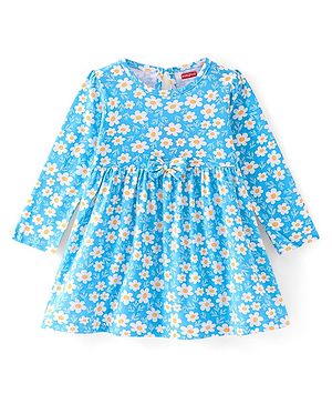 Babyhug Cotton Knit Full Sleeves Fit and Flare Frock Floral Print - Blue