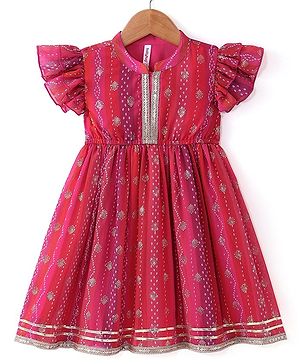 Babyhug Woven Frill Sleeves Foil Printed Ombre Ethnic Dress with Sequins - Fuschia & Orange