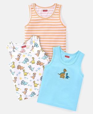 Babyhug 100% Cotton Single Jersey Knit Sleeveless Sandos with Stripes & Dino Print Pack of 3 - White Blue & Orange