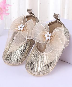 Cute Walk by Babyhug Floral & Ribbon Bow Applique Velcro Closure Glittery Ballerina Booties -  Golden