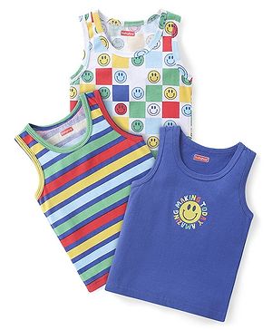 Babyhug 100% Cotton Knit Sleeveless Sando With Stripes & Smiley Print Pack of 3 - Multicolor
