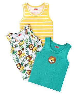Babyhug Cotton Knit Sleeveless Sandos With Stripes & Lion Print Pack of 3 - Green White & Yellow