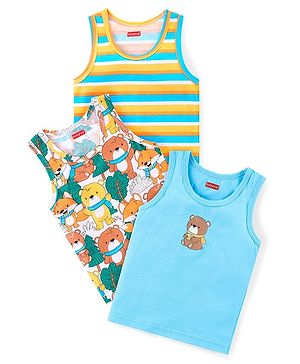 Babyhug Cotton Knit Sleeveless Sandos With Stripes & Bear Print Pack of 3 - Yellow & Turquoise
