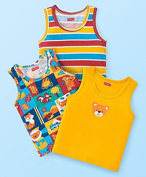 Babyhug 100% Cotton Sleeveless Sandos With Stripes & Animal Print Pack of 3 - Yellow & Blue