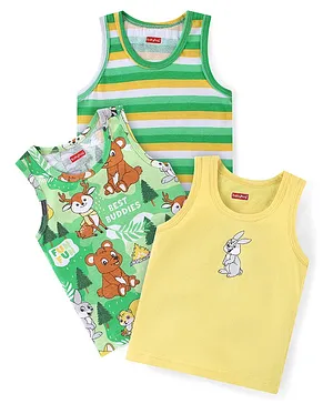Babyhug 100% Cotton Single Jersey
                              Knit Sleeveless Sandos with Stripes &
                              Animals Print Pack of 3 - Yellow &
                              Green