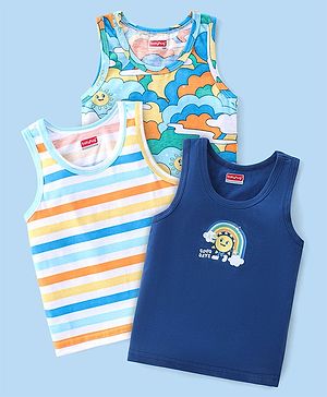 Babyhug 100% Cotton Single Jersey Knit Sleeveless Sandos with Stripes & Rainbow Print Pack of 3 - Yellow & Blue