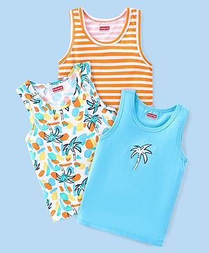 Babyhug 100% Cotton Single Jersey Knit Sleeveless Sandos with Stripes & Tropical Theme Print Pack of 3 - Orange & Blue