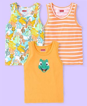Babyhug 100 % Cotton Knit Sleeveless Striped & Dino Printed Sandos Pack of 3 - Orange & White