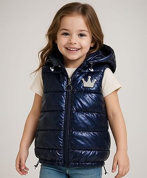 Babyhug Woven Sleeveless Padded Hooded Jacket with Quilted Design & Crown Patch Detailing - Navy Blue