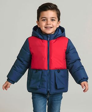 Babyhug Woven Full Sleeves Padded Hooded Jacket with Colour Block Design - Blue & Red
