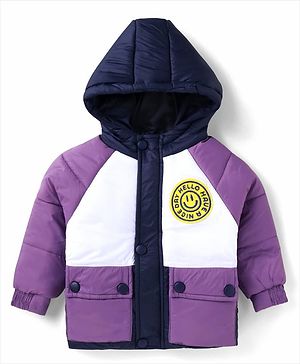 Babyhug Woven Full Raglan Sleeves Padded Hooded Jacket with Cut & Sew Design - Purple & Navy Blue