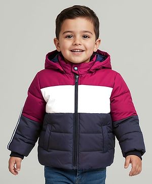 Babyhug Woven Full Raglan Sleeves Hooded Jacket with Cut & Sew Design & Patch Detailing - Plum