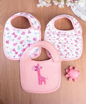 Babyhug Cotton Bibs Dinosaur Embroidery Set of 3 - Pink & White
