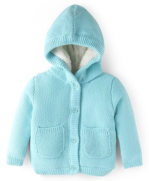 Babyhug Knit Full Sleeves Solid Color Hooded Sweater - Aqua Blue