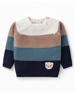 Babyhug Knit Full Raglan Sleeves Pullover Sweater with Colour Block Design &  Bear Embroidery - Navy Blue Off White & Light Brown