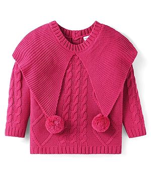 Babyhug Knitted Full Sleeves Pullover Sweater With Cable Knit Design & Applique - Dark Pink