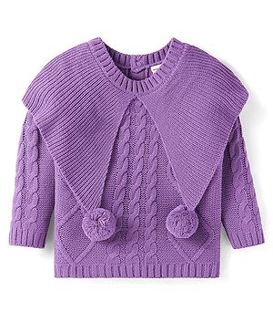 Babyhug Woven Full Sleeves Cable Knit Design Sweater With Pom Pom Applique - Purple