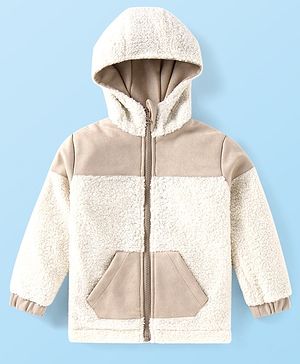 Babyhug Woven Full Sleeves Hooded Winter Fur Jacket  with Kangaroo Pockets - White