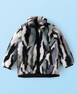 Babyhug Woven Full Sleeves Winter Fur Jacket With Camouflage Design - Black