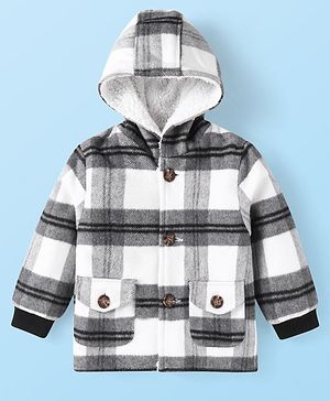 Babyhug Woven Full Sleeves Checkered Hooded Sweatjacket - White