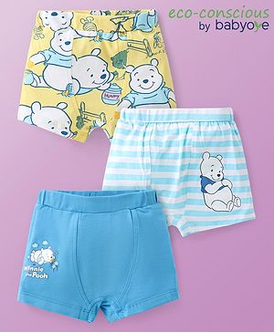 Babyoye Cotton Lycra Knit Trunks With Stripes & Winnie The Pooh Graphics Pack of 3 - Blue & Yellow