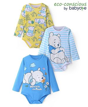 Babyoye Disney Interlock Knit Full Sleeves Onesies with Winnie The Pooh Graphics Pack of 3 - Blue & Green