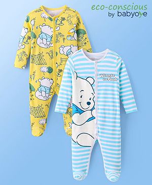 Babyoye Disney Cotton Knit Full Sleeves Winnie The Pooh Graphic Rompers Pack of 2 - Light Blue & Yellow