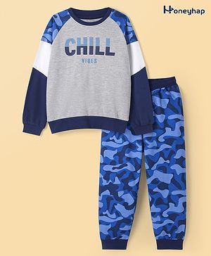 Honeyhap Premium  100% Cotton Knit with Bio Finish Winter Wear Full Raglan Sleeves Sweatshirt & Lounge Pant Set with Text & Camouflage Print - White Melance & Blue