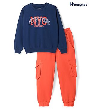 Honeyhap Premium 100% Cotton Knit Full Sleeves Winter Wear Suit With Bio Finish Text Print - Navy Peony & Spicy Orange