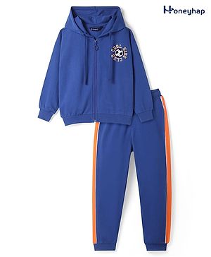 Honeyhap Premium 100% Cotton Knit Full Sleeves Hooded  Front Open Winter Wear Sweatshirt & Lounge Pant Set with Bio Finish & Text Print - Lapis Blue Papaya & Bright White